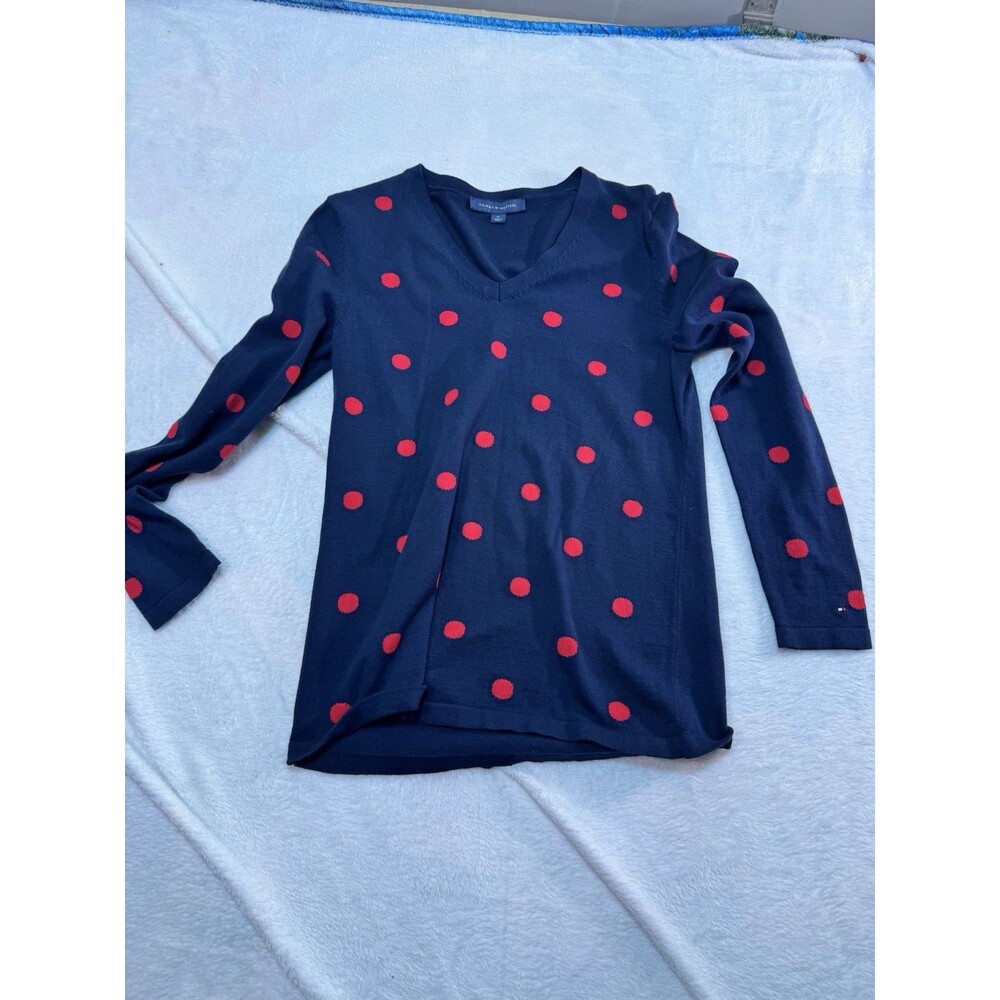 Tommy Hilfiger MED Blue with  RED‎  Polka-dot Pullover V-Neck Sweater LNC
